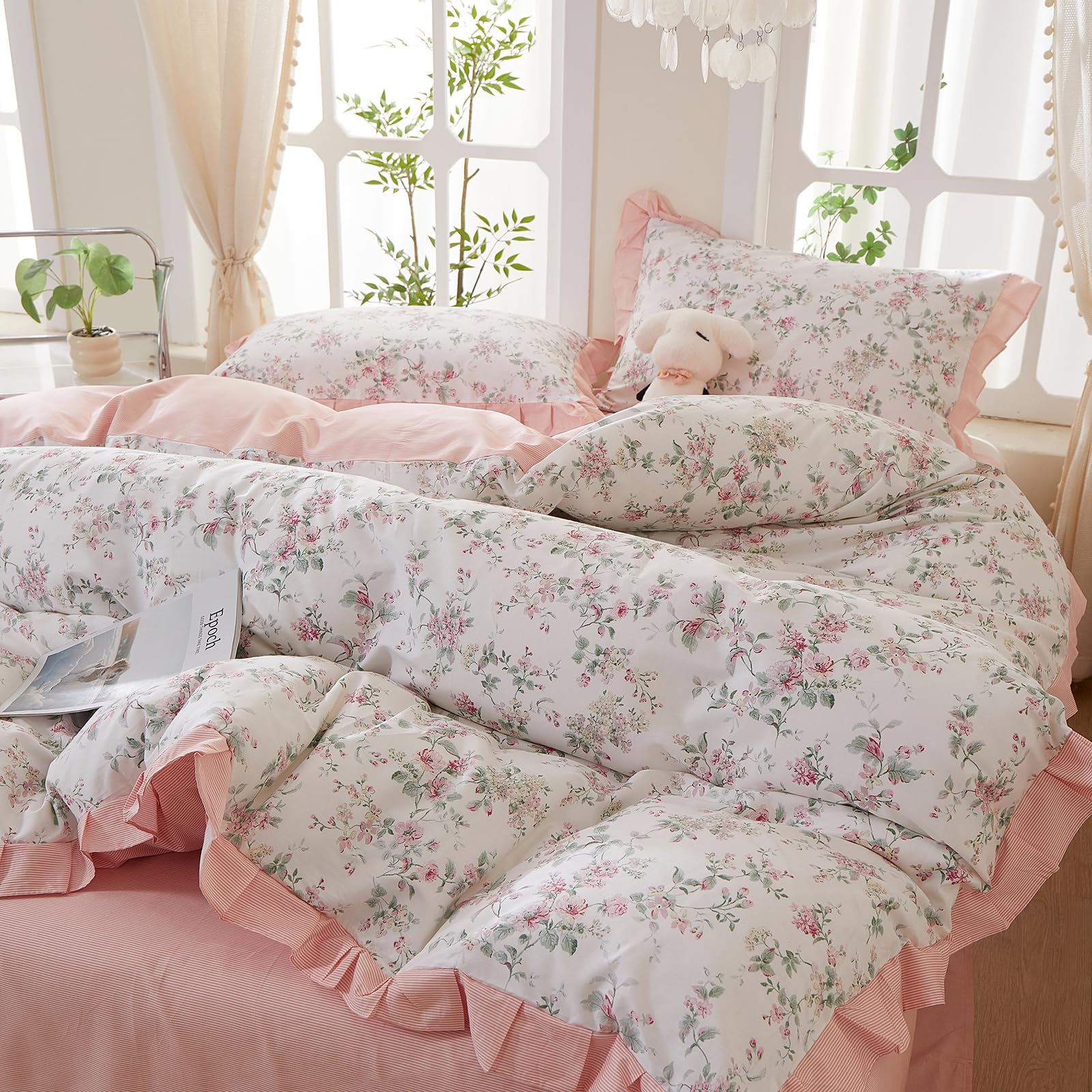 Pink Flower Duvet Cover Twin Chic Floral Print Ruffle Duvet Cover Cotton Lace Comforter Cover Country Style Floral Bedding Set Romantic Ruffle Comforter Cover Flower Bedding Cover with 2 Pillowcases