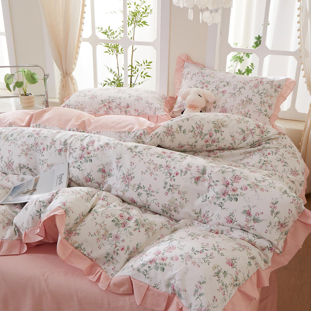 Pink Flower Duvet Cover Twin Chic Floral Print Ruffle Duvet Cover Cotton Lace Comforter Cover Country Style Floral Bedding Set Romantic Ruffle Comforter Cover Flower Bedding Cover with 2 Pillowcases