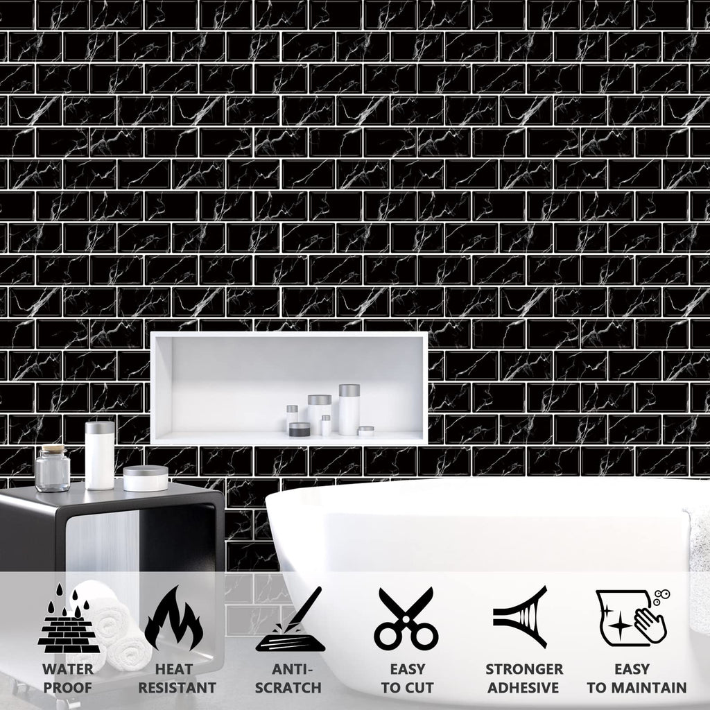 URCOLOR 10-Sheet Back Splashes for Kitchens Peel and Stick,12"x12" Self Adhesive Subway Wall Tiles Stick on backsplash Tiles for Bathroom Black Marble