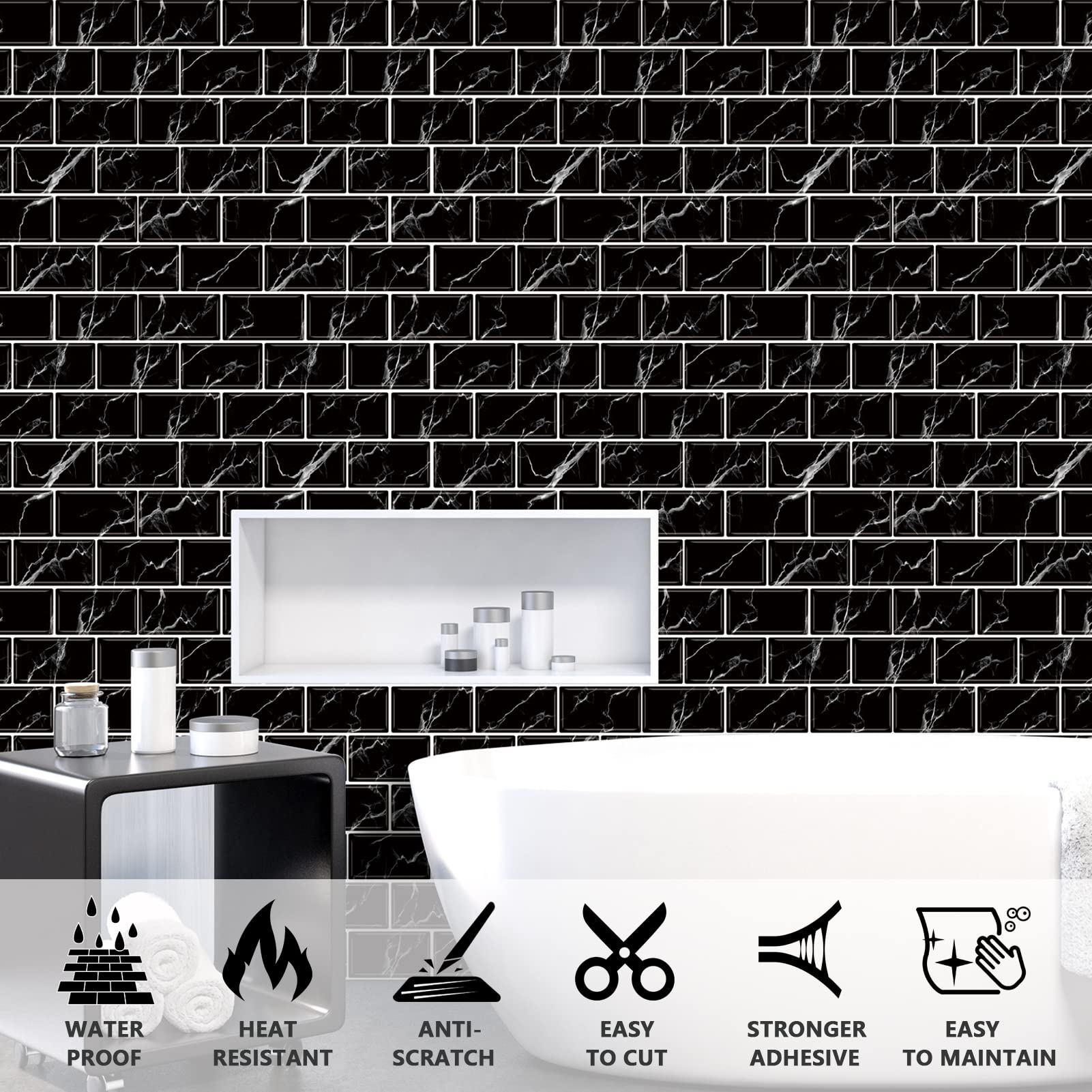 URCOLOR 10-Sheet Back Splashes for Kitchens Peel and Stick,12"x12" Self Adhesive Subway Wall Tiles Stick on backsplash Tiles for Bathroom Black Marble