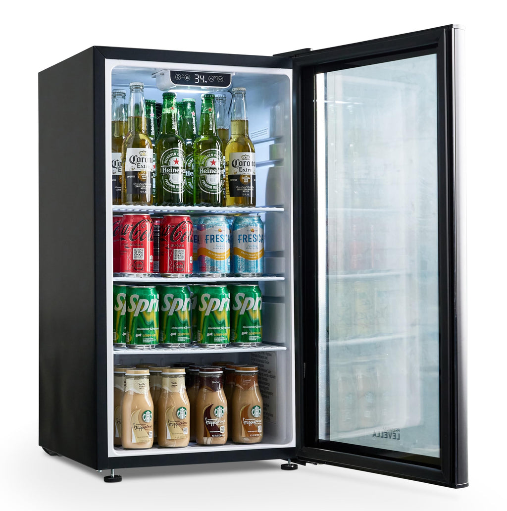 PremiumLevella PRF37DX Glass Door Display Refrigerator 3.1 cu ft Commercial Beverage Cooler Merchandiser - Black