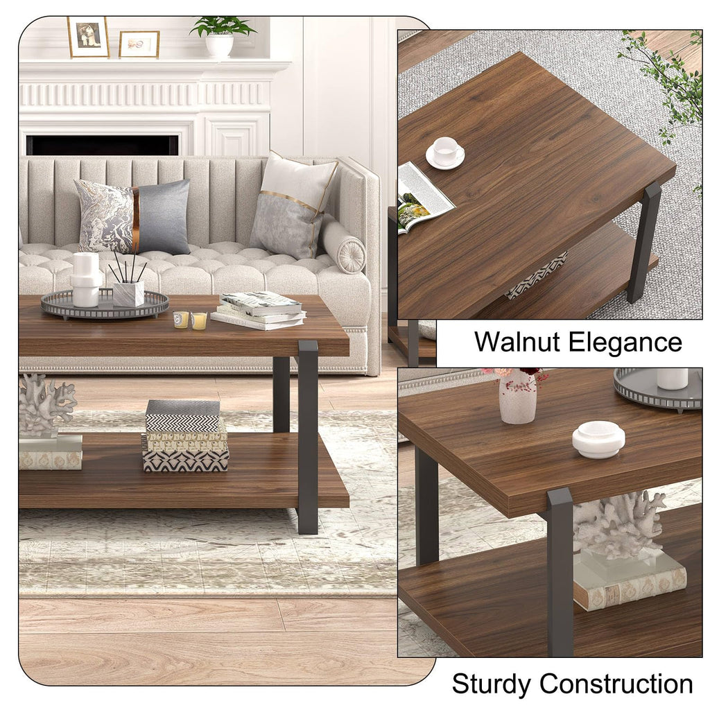 FOLUBAN Black Coffee Table, Modern Rustic Wood Center Table with Storage for Living Room, Industrial Rectangle 2 Tier Cocktail Tea Table, Black Oak