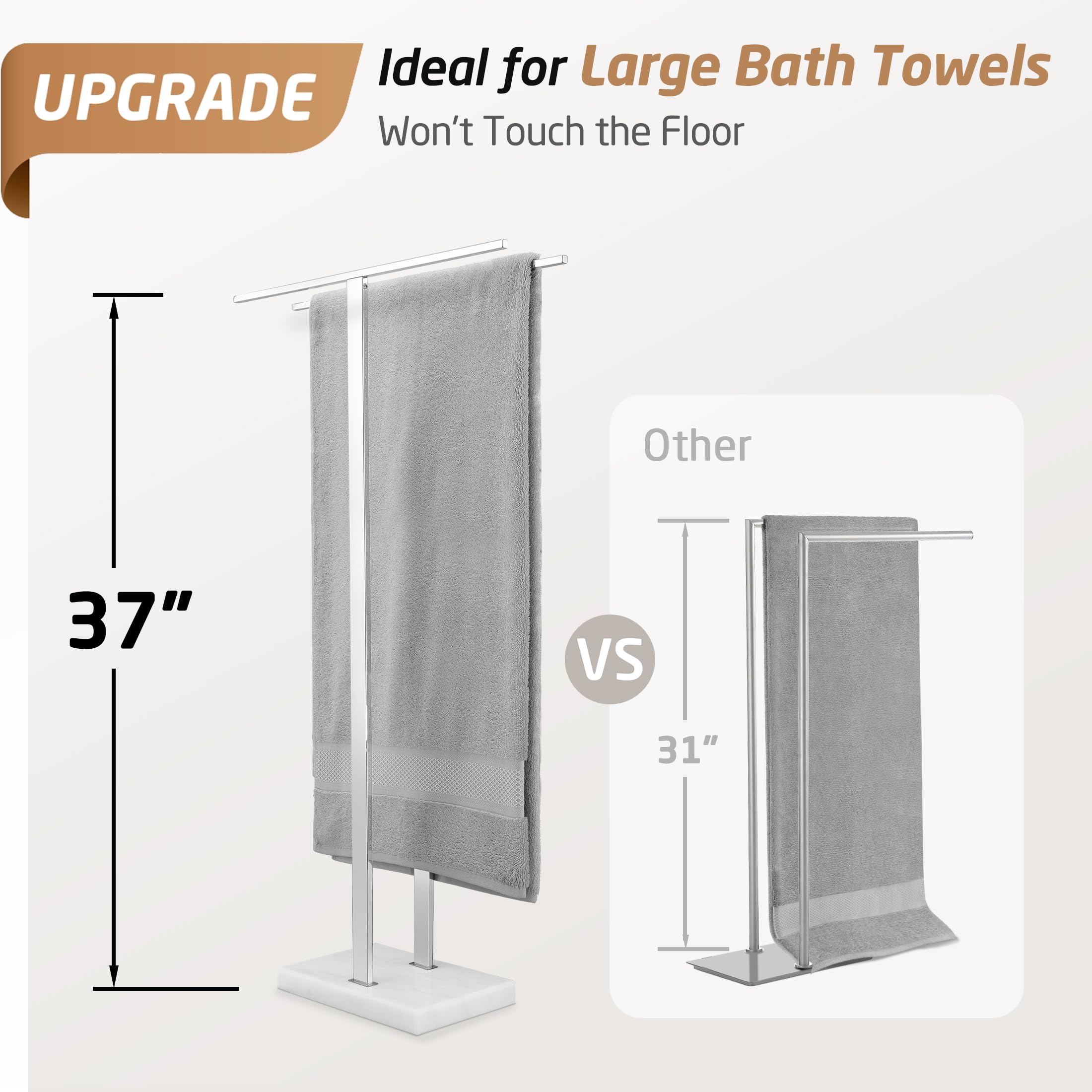 KES Standing Towel Rack with Black Natural Marble Base, 2-Tier Towel Rack Stand for Bathroom Floor, Bath Towel Holder Fits Bath Towel & Hand Towel,18/8 Stainless Steel, BTH217-BBK