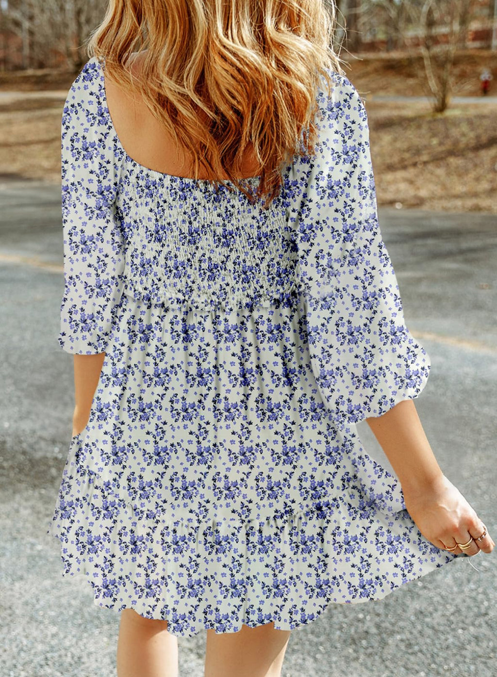 Dokotoo Fall Dresses for Women 2025 Boho Floral Square Neck Smocked 3/4 Sleeve Casual A-Line Swing Mini Dress Sundress