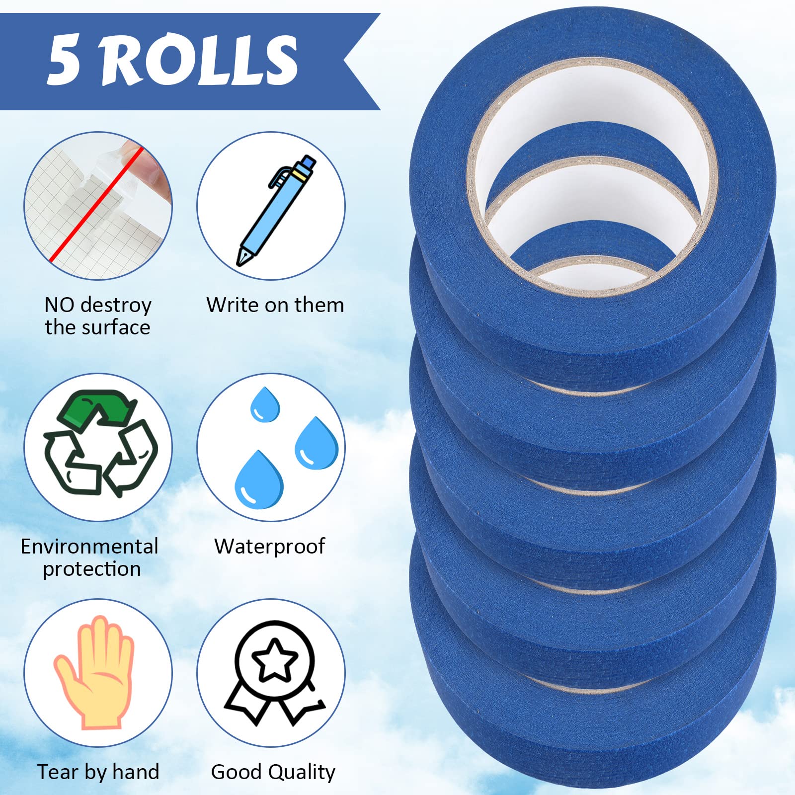 Fainne 12 Rolls Blue Painters Tape Bulk Multi Pack Safe Paint Paper Masking Tape for Wall Painting Decoration Supplies (Blue,1 Inch X 55 Yards)