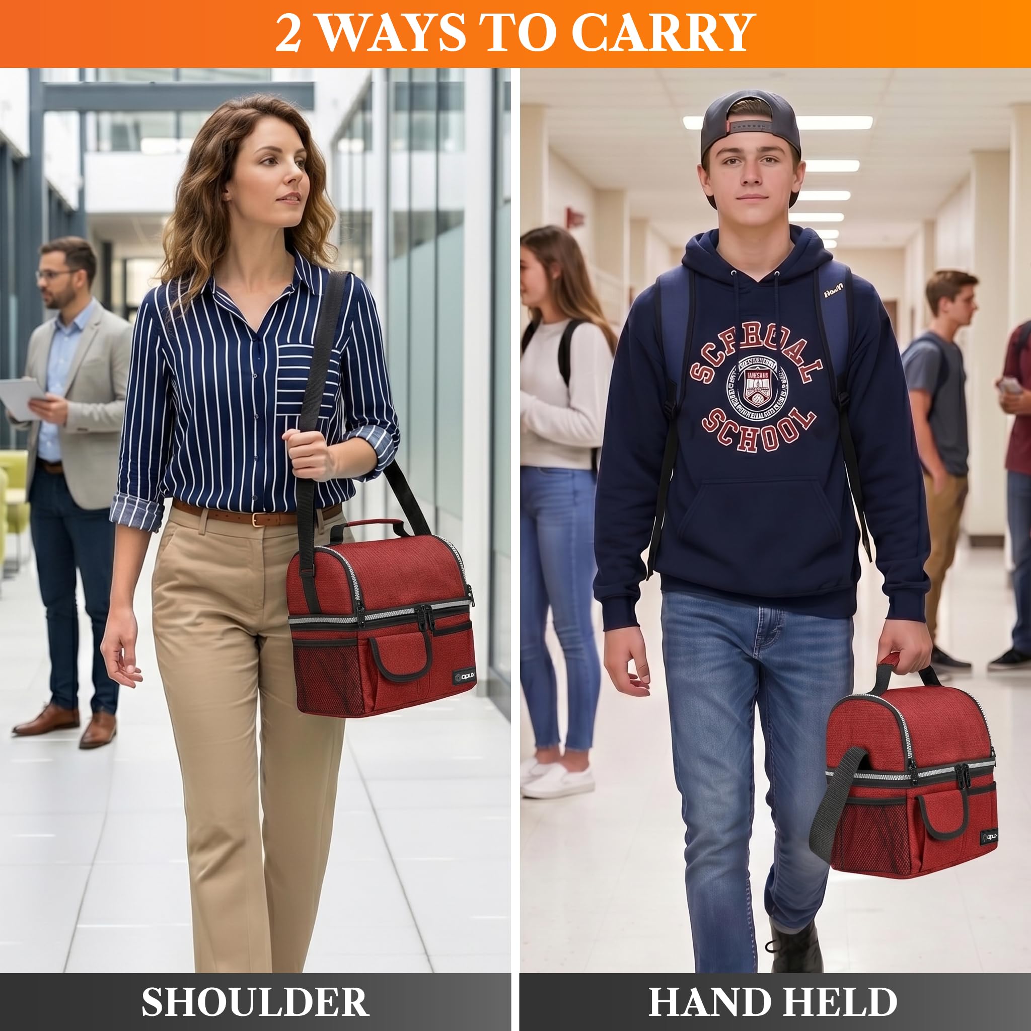 opux Insulated Lunch Bag Women Men, Dual Compartment Leakproof Lunch Box Adults Kids, Double Decker Meal Prep Bento Lunch Cooler Tote with Shoulder Strap for Work Office School Travel, Black