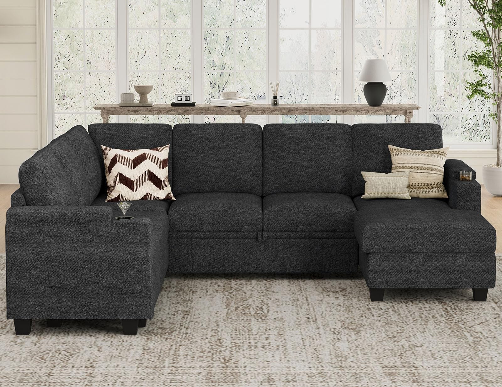 Belffin Modular Sectional Sleeper Sofa Bed with Storage Chaise L Shaped Sectional Couches for Living Room Armrest with Cup Holder. White Couch