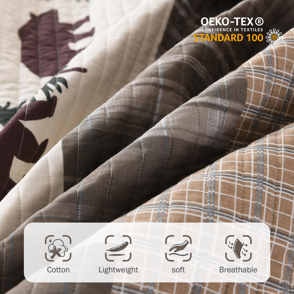 Y-PLWOMEN 100% Cotton Farmhouse Plaid Lightweight 3-Pieces Quilt Set (Blue Brown, Queen90 * 98 Inch)