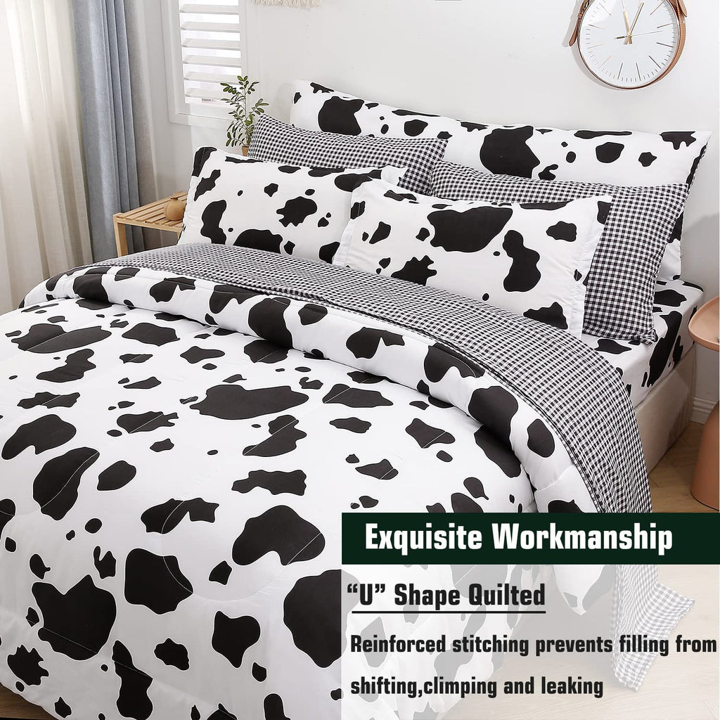 SUCSES Full Size Comforter Set with Sheets 8 Piece Cow Print Bedding Set for Boys Girls Black and White Kids Bed-in-A-Bag Farmhouse Rustic Bed Set for Bedroom (Milk Cow, Full)