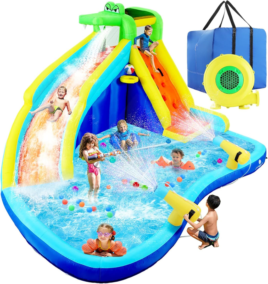 ROOJER Crocodile Inflatable Water Slide for Kids Backyard 8-in-1 Blow Up Wet & Dry Bounce House Water Park with Blower, Splash Pool, Climbing Wall, Double Cannons for Indoor Outdoor Party Fun Ages 3-8