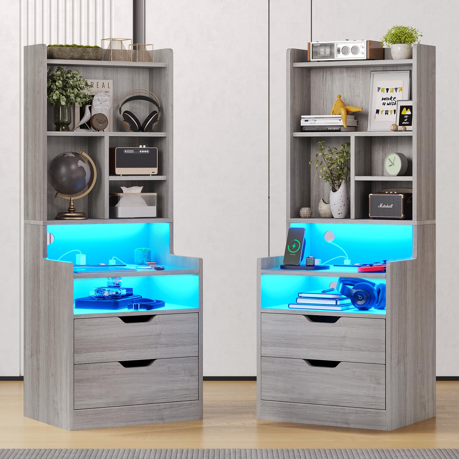 BTHFST Tall Nightstand with LED Lights and Charging Station, LED Black Nightstand with Shelves and 2 Drawers, Bedside Table with Bookshelf, Tall Side End Table with Storage