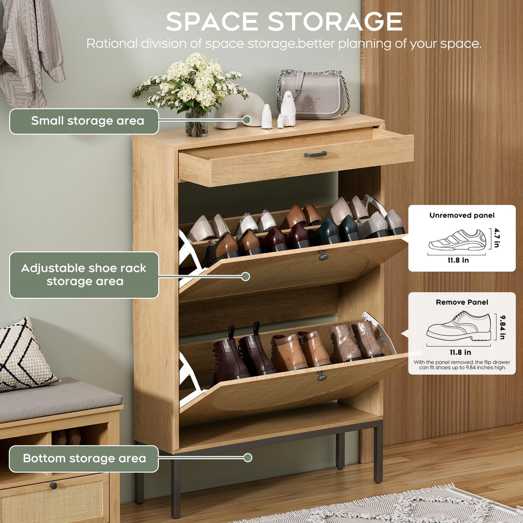 Yechen Shoe Rack Storage Organizer with 2 Natural Semi-Circular Rattan Doors, Entryway Wooden Shoe Cabinet for Sneakers, Leather Shoes, Heels, Slippers (Black)