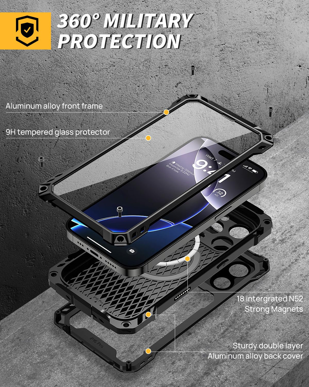 Lanhiem for iPhone 16 Metal Case with Camera Cover & Stand [Compatible with MagSafe] [Built-in Kickstand] [Military-Grade Protection] Heavy Duty Rugged Magnetic Phone Case, Black