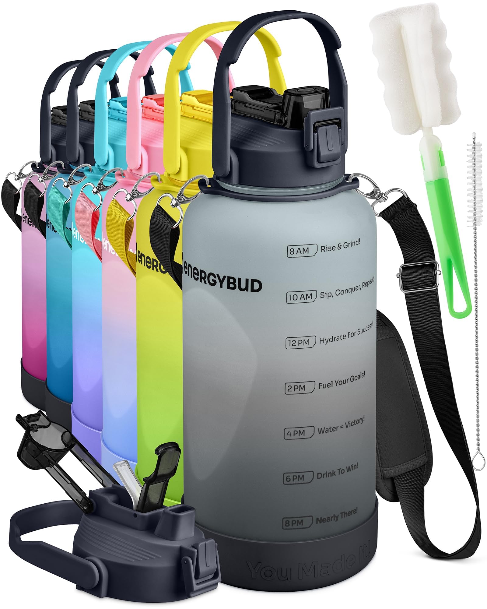 1/2 Gallon Water Bottle with 74.3 oz Capacity - Motivational Time Markers for Daily Hydration Goals - Leakproof BPA Free Tritan with Removable Straw