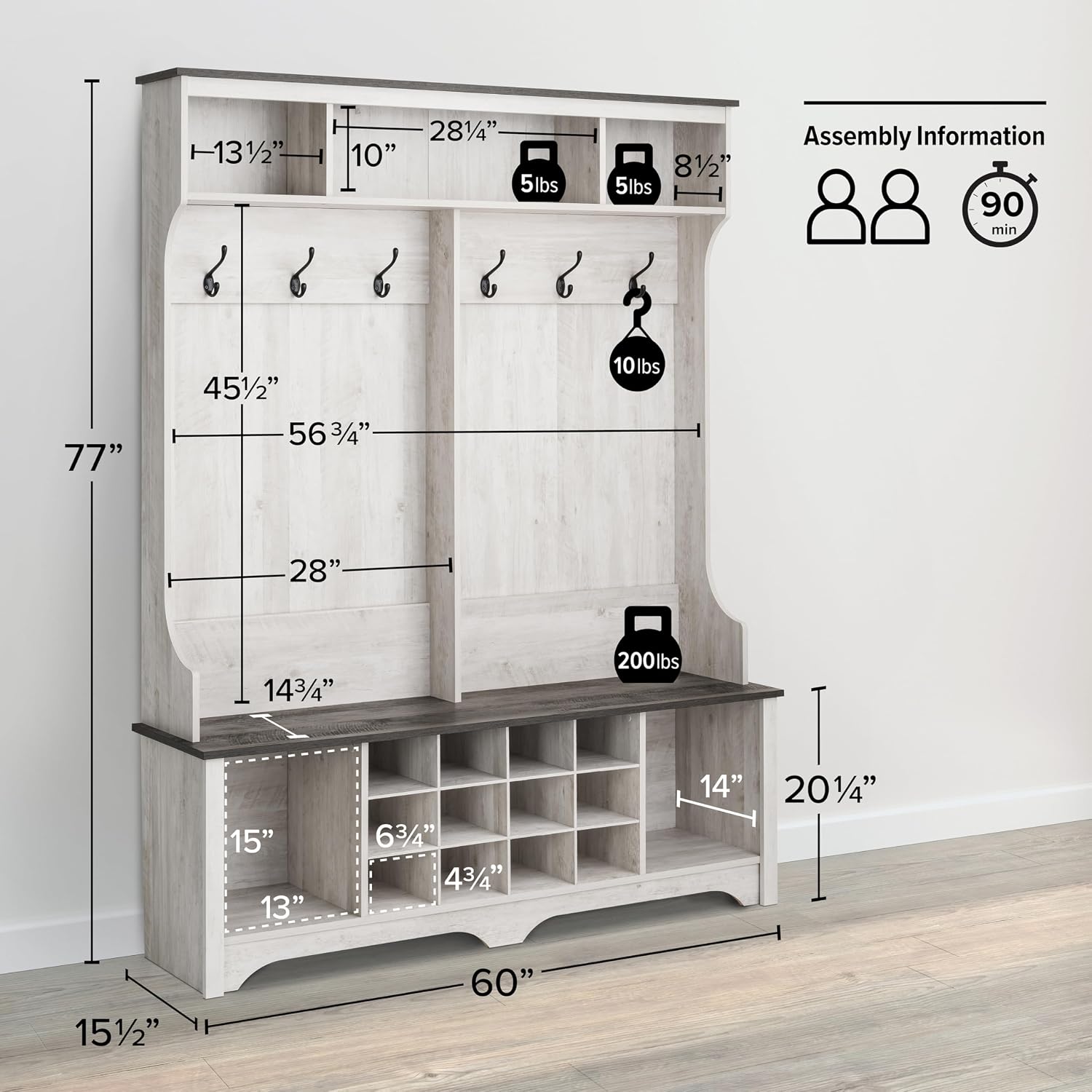 Prepac Farmhouse Washed White Hall Tree, Shoe Cabinet, Storage Cabinet with 12 Shoe Cubbies, 2 Boot Cubbies and 6 Double Coat Hooks 15.5" D x 60" W x 77" H