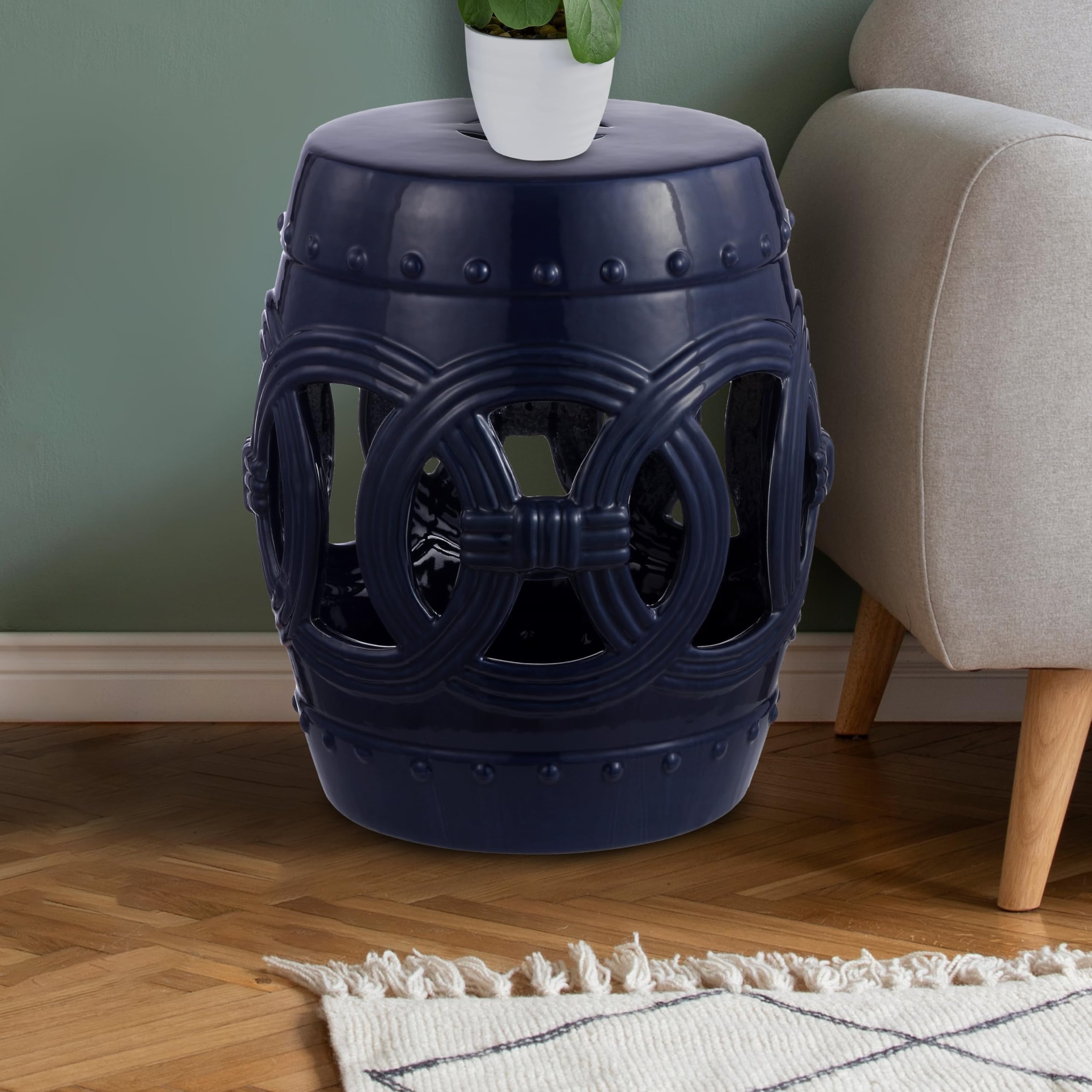 JONATHAN Y Lucky Coins 16" Ceramic Garden Stool, Contemporary Blue/White Cutout Interlocking Rings Drum Indoor/Outdoor Side Table and Plant Stand for Patio, Garden, Living Room TBL1027A