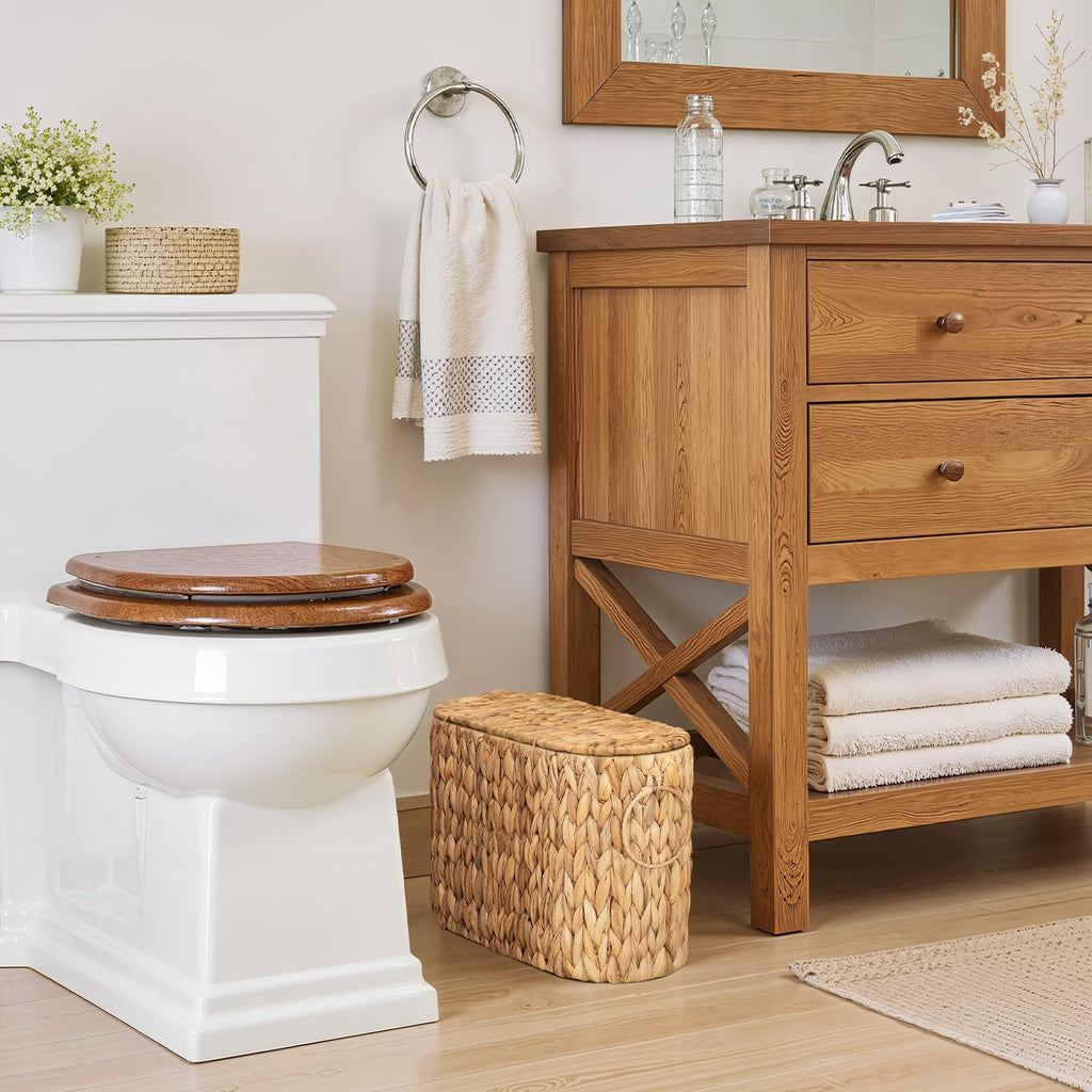 StorageWorks Bathroom Toilet Paper Storage Holder with Lid, Wicker Toilet Paper Basket for 6 Regular Rolls, Slim Basket Organizer with Handles, Water Hyacinth Storage Baskets for Bathroom, Brown