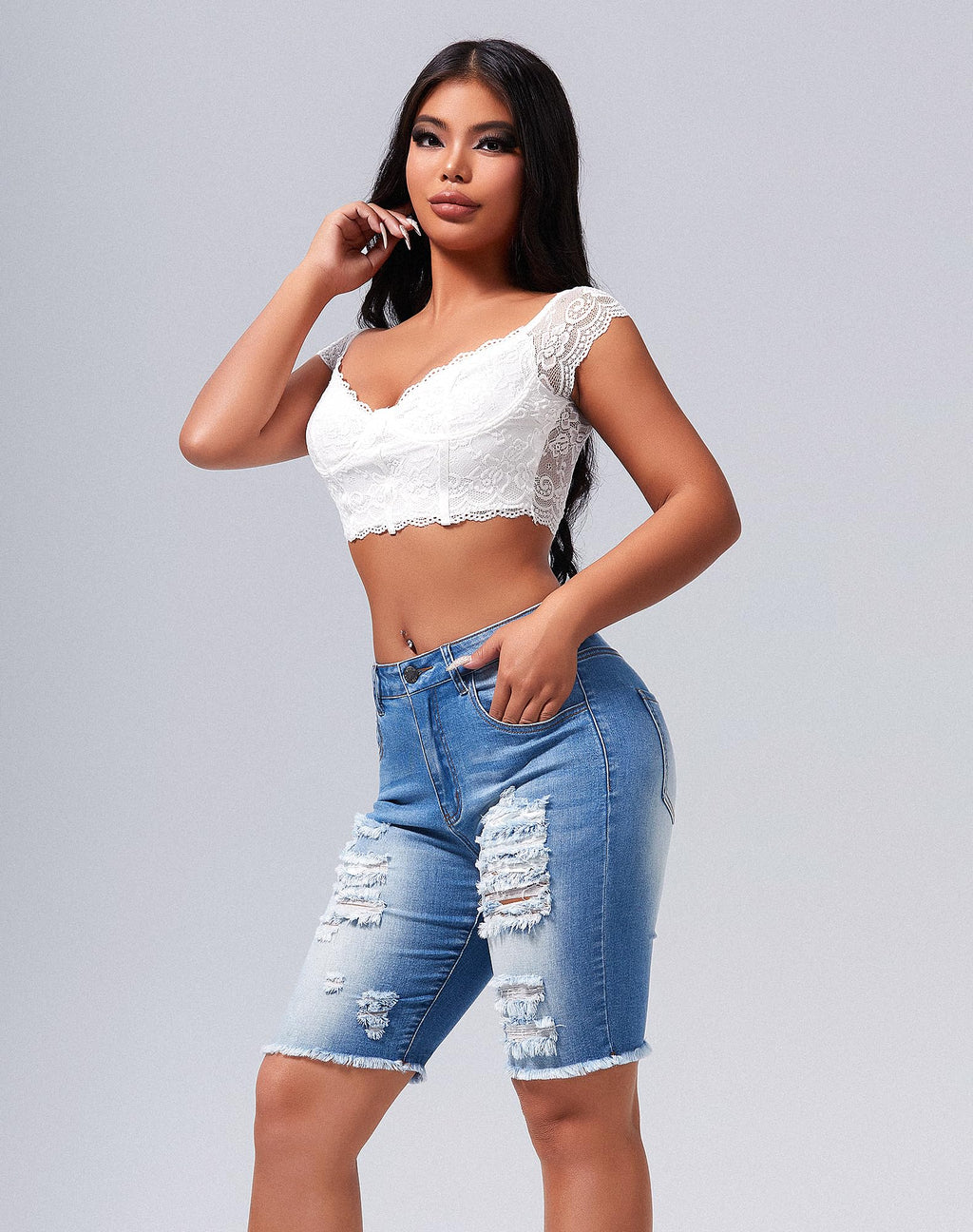 roswear Womens Ripped Stretchy Long Jean Shorts Mid Rise Frayed Cut Off Bermuda Shorts