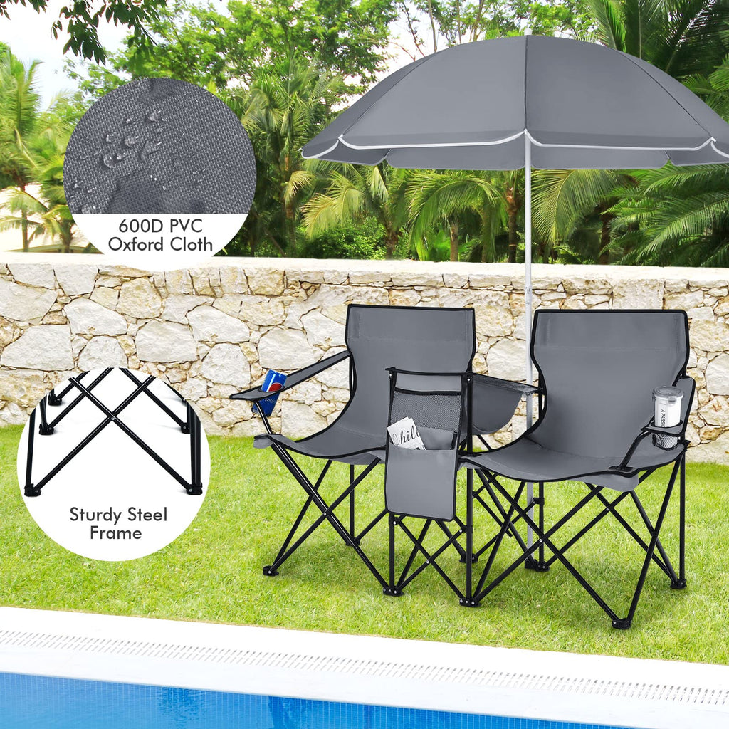 COSTWAY Double Portable Picnic Chairs, Folding Camping Chairs w/Detachable Umbrella, Cooler Bag, Cup Holders, Patio Beach Camping Chairs for Outdoors