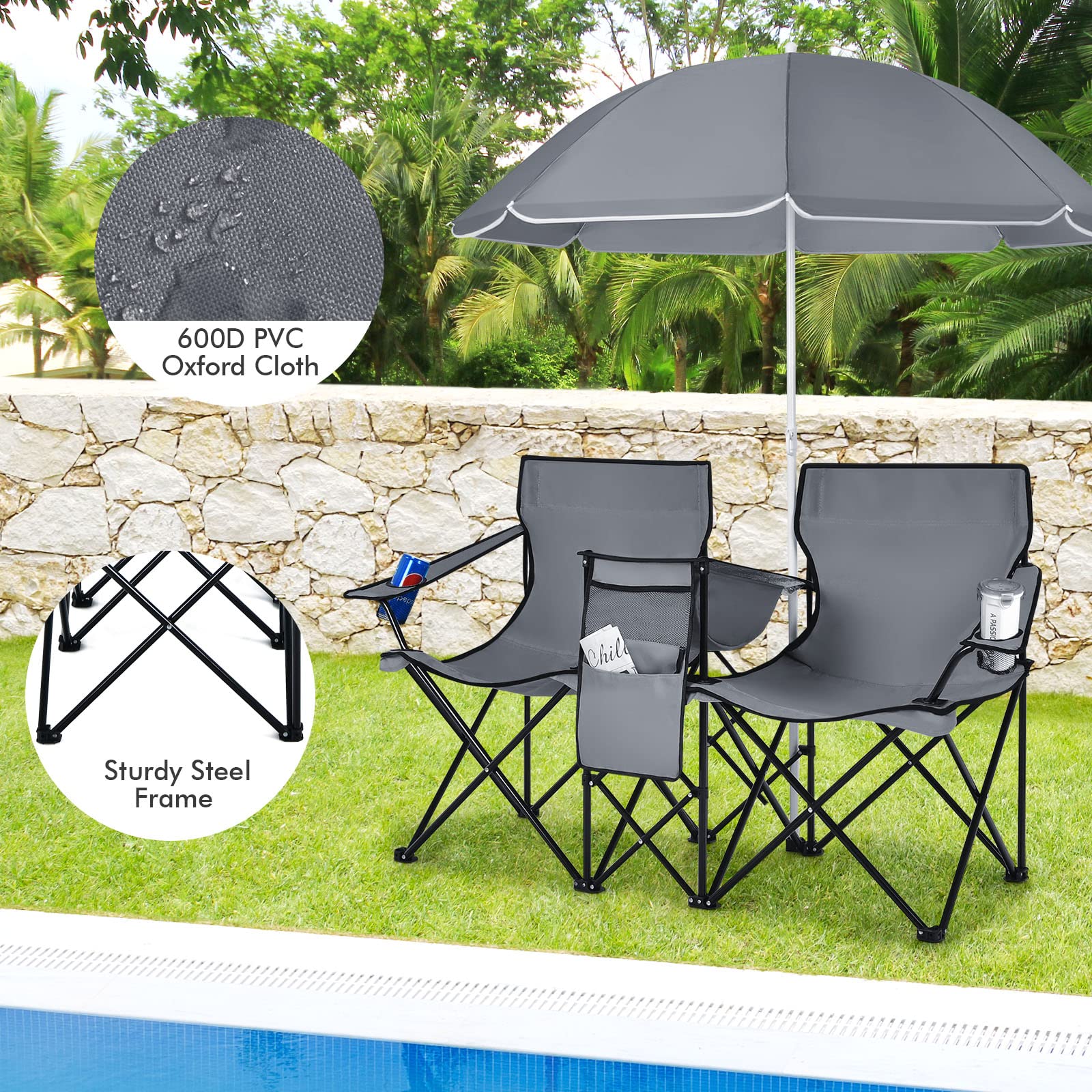 COSTWAY Double Portable Picnic Chairs, Folding Camping Chairs w/Detachable Umbrella, Cooler Bag, Cup Holders, Patio Beach Camping Chairs for Outdoors