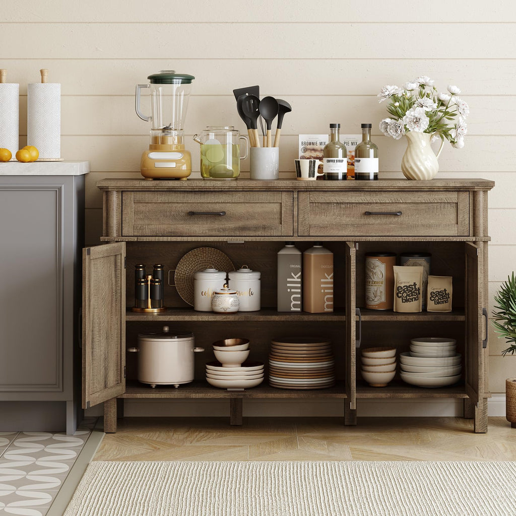 ONBRILL 48 Inches Buffet Cabinet with Storage, Farmhouse Sideboard Buffet w/2 Drawers and 3 Doors, Wood Coffee Bar Cabinet with Adjustable Shelves, Sideboard Storage for Kitchen, Living Room, Black