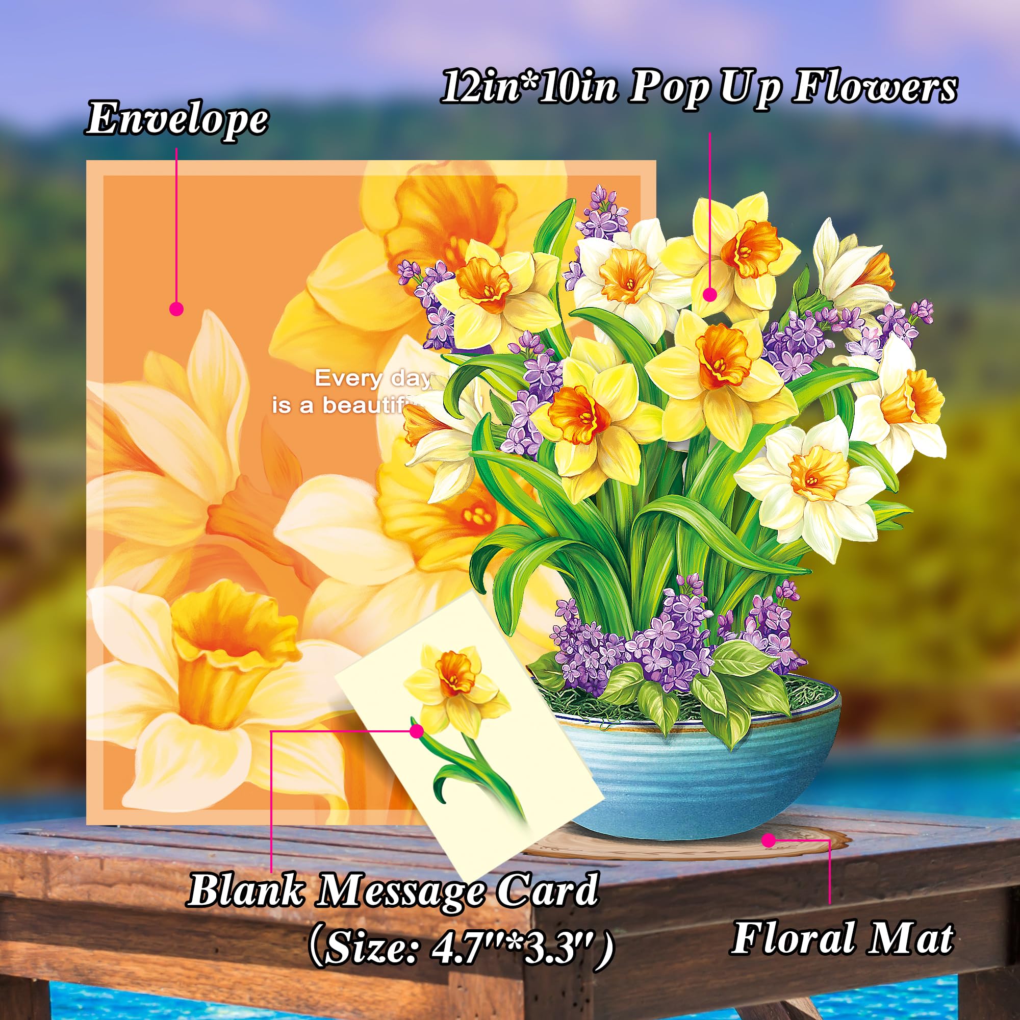 Airpark 3D Pop Up Paper Flowers Bouquet Card 12’‘ with Note & Envelope, Birthday Gifts, Get Well, Thank You, Greeting Cards for Women Mom Wife Friends, Daisies and Butterflies