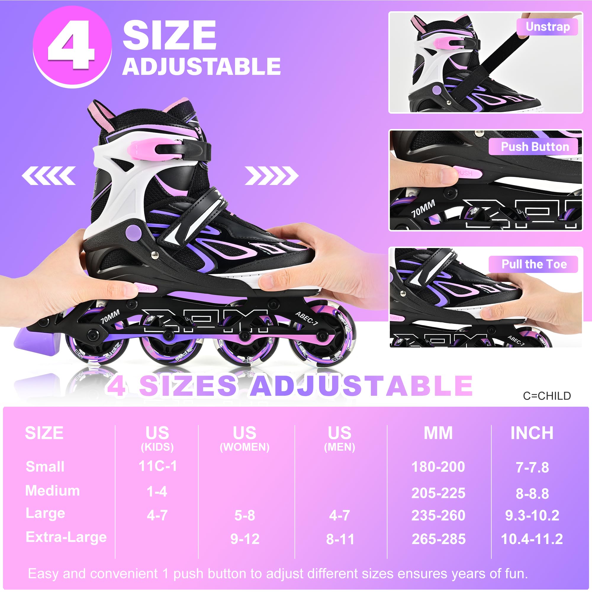 2PM SPORTS Vinal Girls Adjustable Flashing Inline Skates, All Wheels Light Up, Fun Illuminating Skates for Kids Men Adult Women and Boys