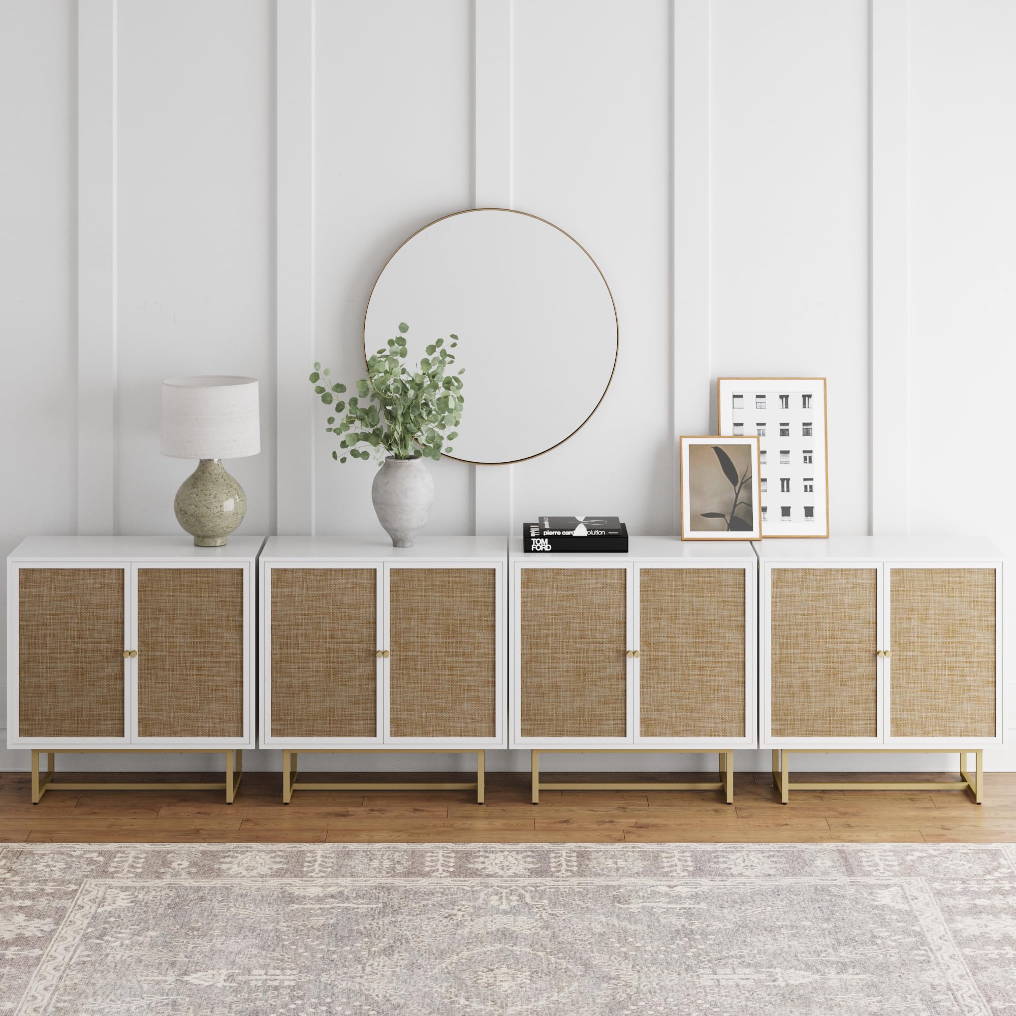 Nathan James Kova Rattan Wood Accent Sideboard Storage Cabinet with Matte Metal Frame, Adjustable Interior Shelves and Cane Doors, for Hallway, Entryway or Living Room, Black Oak/Cane
