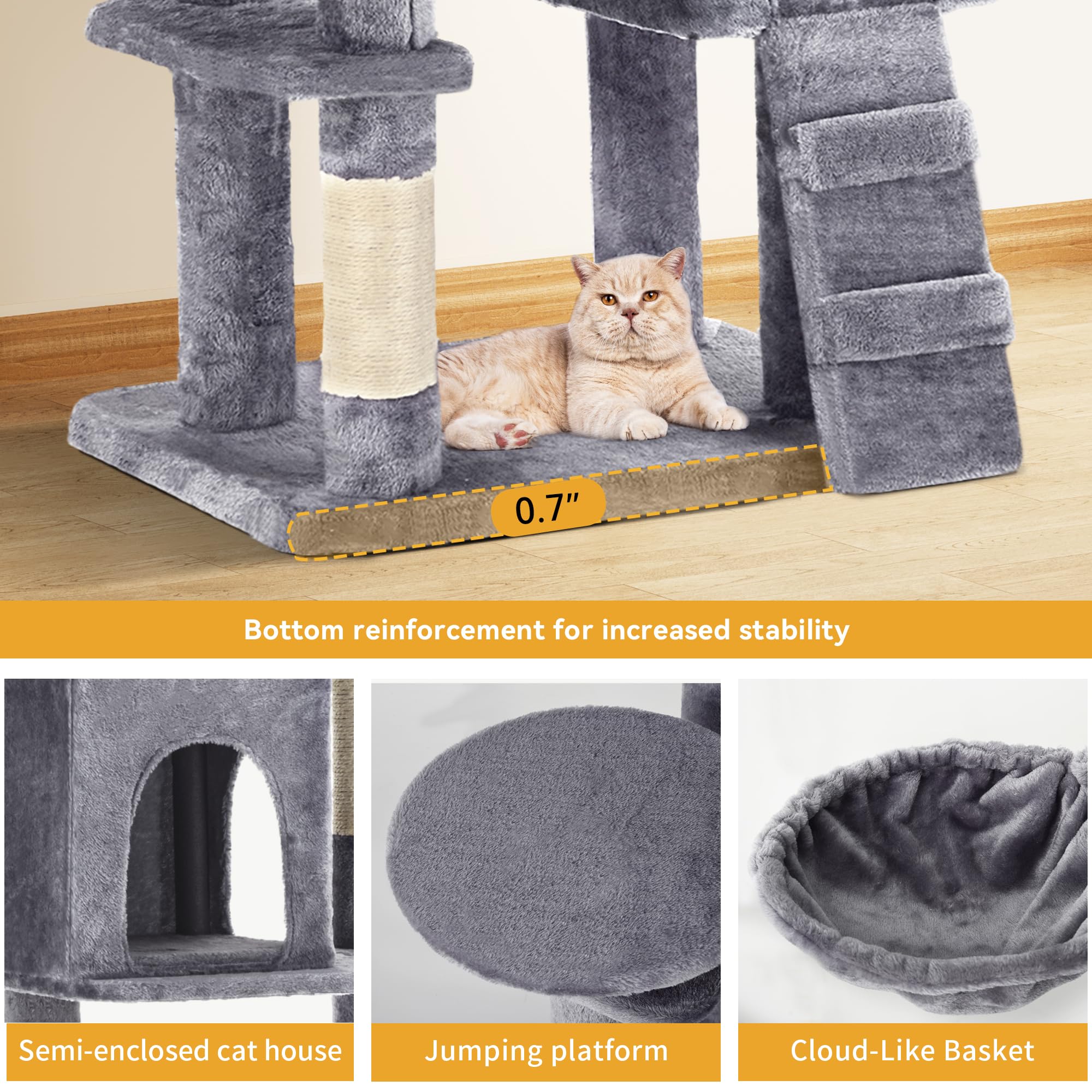 YITAHOME 44in Multi-Level Cat Tree for Indoor Kittens, Cat Furniture with Scratch Posts, Window Padded Plush Perch, Comfortable Hammock, and Interactive Pompoms, Beige