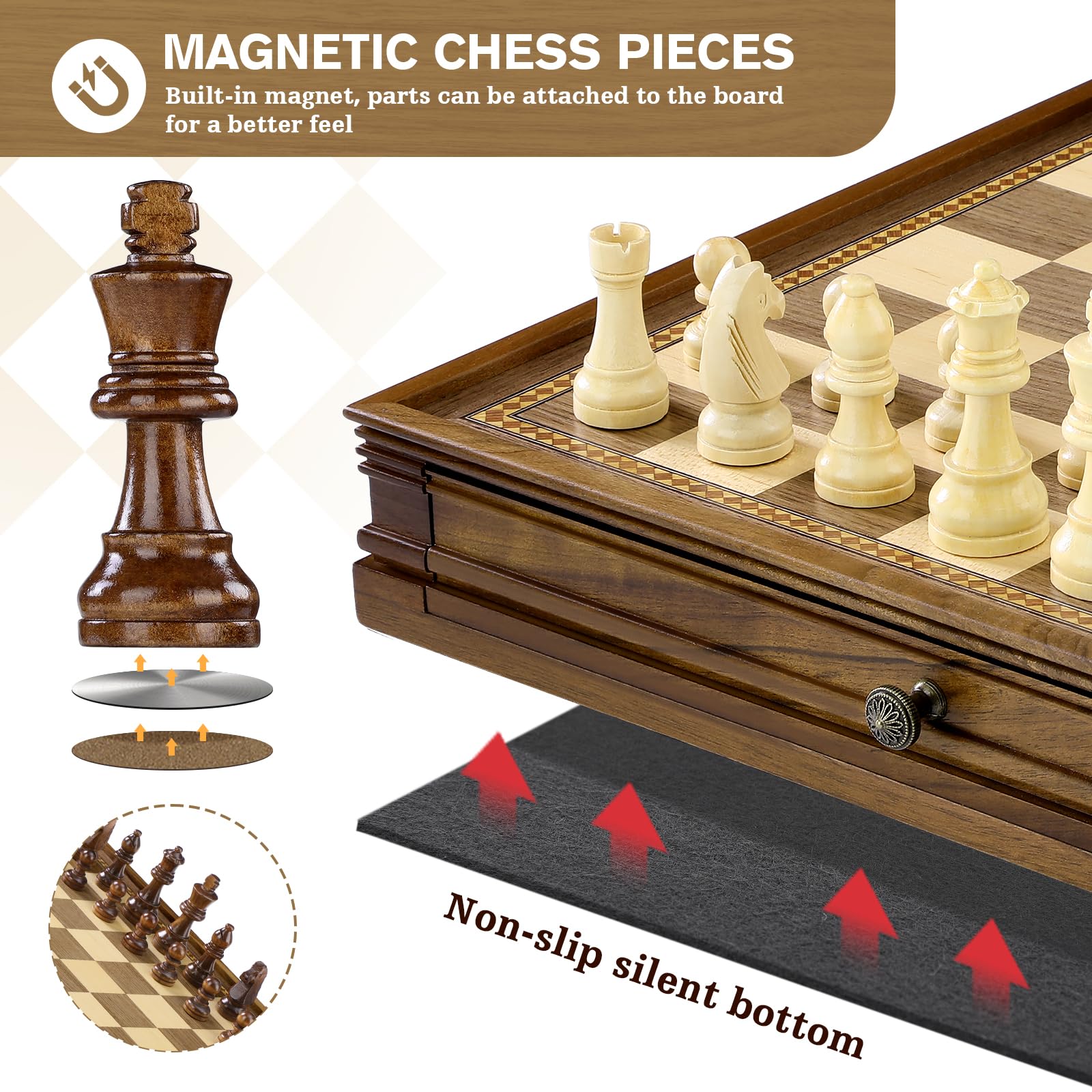 Peradix Magnetic Chess and Checkers Set with 2 Built-in Storage Drawers, Classic 2 in 1 Wooden Board Games, Magnetic Chess Pieces 2 Extra Queens, 12.8" Chess Set for Adults and Kids Gift Package