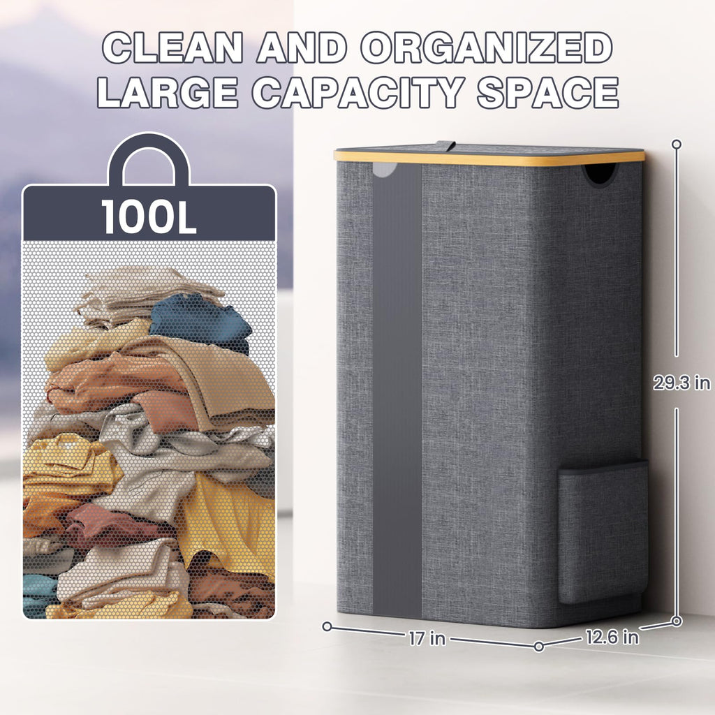 BlissTotes Laundry Basket with Lid, 100L Clothes Laundry Hamper with Handles and Removable Laundry Bag, Breathable Design Hamper with Lid for Bedroom, Bathroom, Dorm, Laundry Room - Beige