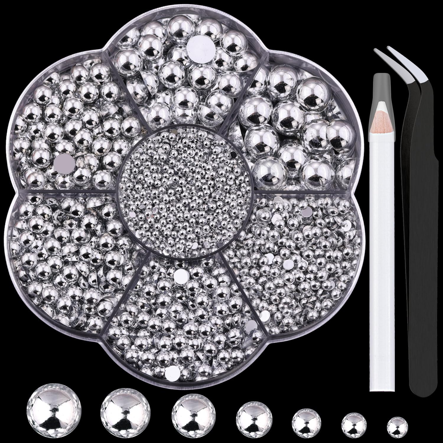 BELLEBOOST 5600pcs ABS Round Flat Back Beige Pearls Kit with Pickup Tools for Nail Art, Face, Body Decorations