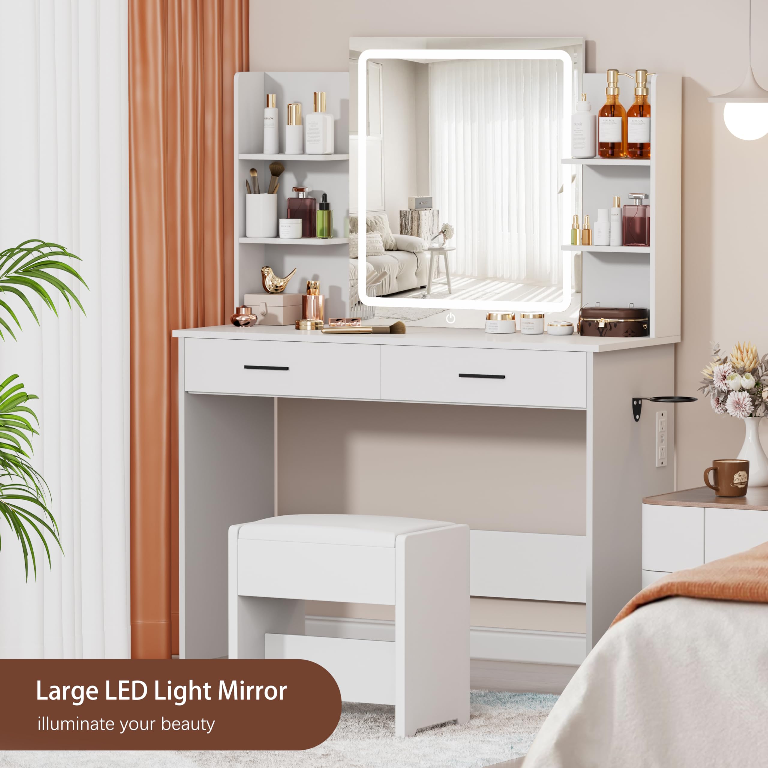 YIKEHOME Makeup Vanity Desk with Mirror and 10 Lights, 3-Colour Hollywood Brighter Bulbs, Vanity Table Set with Large Drawers and and Charging Station for Bedroom Dressing Room White