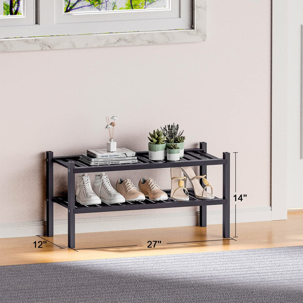 ROMGUAR CRAFT 2-Tier Bamboo Long Shoe Rack, Free Standing Wood Shoe Shelf Storage Organizer for Closet Entryway Stackable 35"x11"x13" (Black)