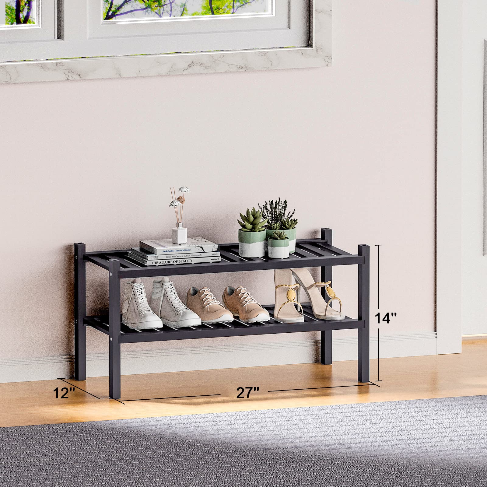 ROMGUAR CRAFT 2-Tier Bamboo Long Shoe Rack, Free Standing Wood Shoe Shelf Storage Organizer for Closet Entryway Stackable 35"x11"x13" (Black)