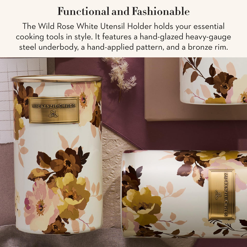 MACKENZIE-CHILDS Enamel Utensil Holder, Stylish Kitchen Countertop Organizer, Wild Rose Brown
