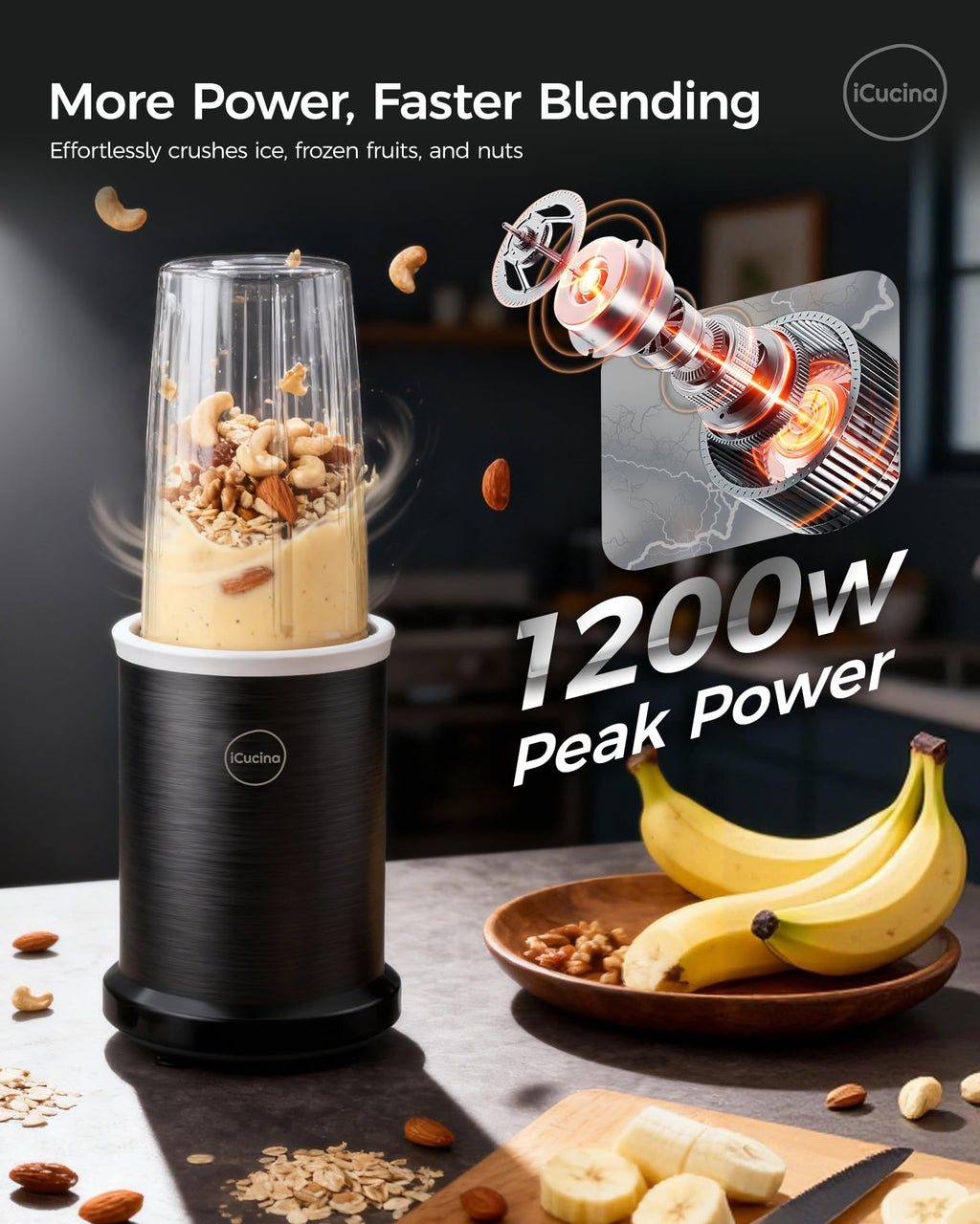 iCucina Smoothie Blender, Personal Blender for Shakes and Smoothies, 700W Pulse Technology Single Serve Blenders with 2 x 28oz Protable Cups for Ice Crush, Frozen Fruit Drinks