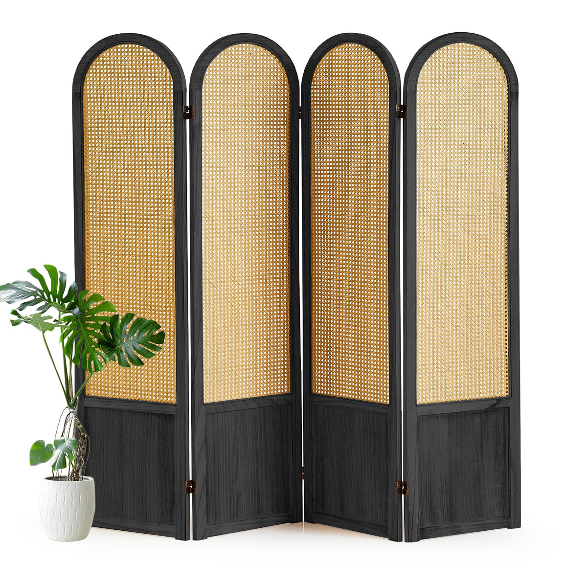 Hand-Woven Rattan Room Divider 3 Panels, 5.9 Ft Tall Wood Room Divider Panel, Partition Screen Divider Wall, Folding Privacy Screen, Wall Divider for Room Separation Home Office - Black