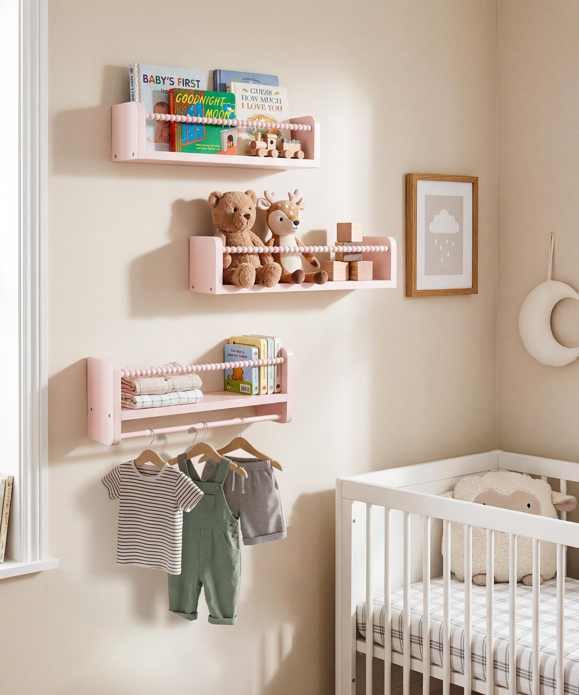 Nursery Book Shelves for Wall Set of 3, Natural Wood Bookshelves Wall Decor, Small Floating Shelf Organizer for Kids Room, Bedroom, Kitchen Spice Rack