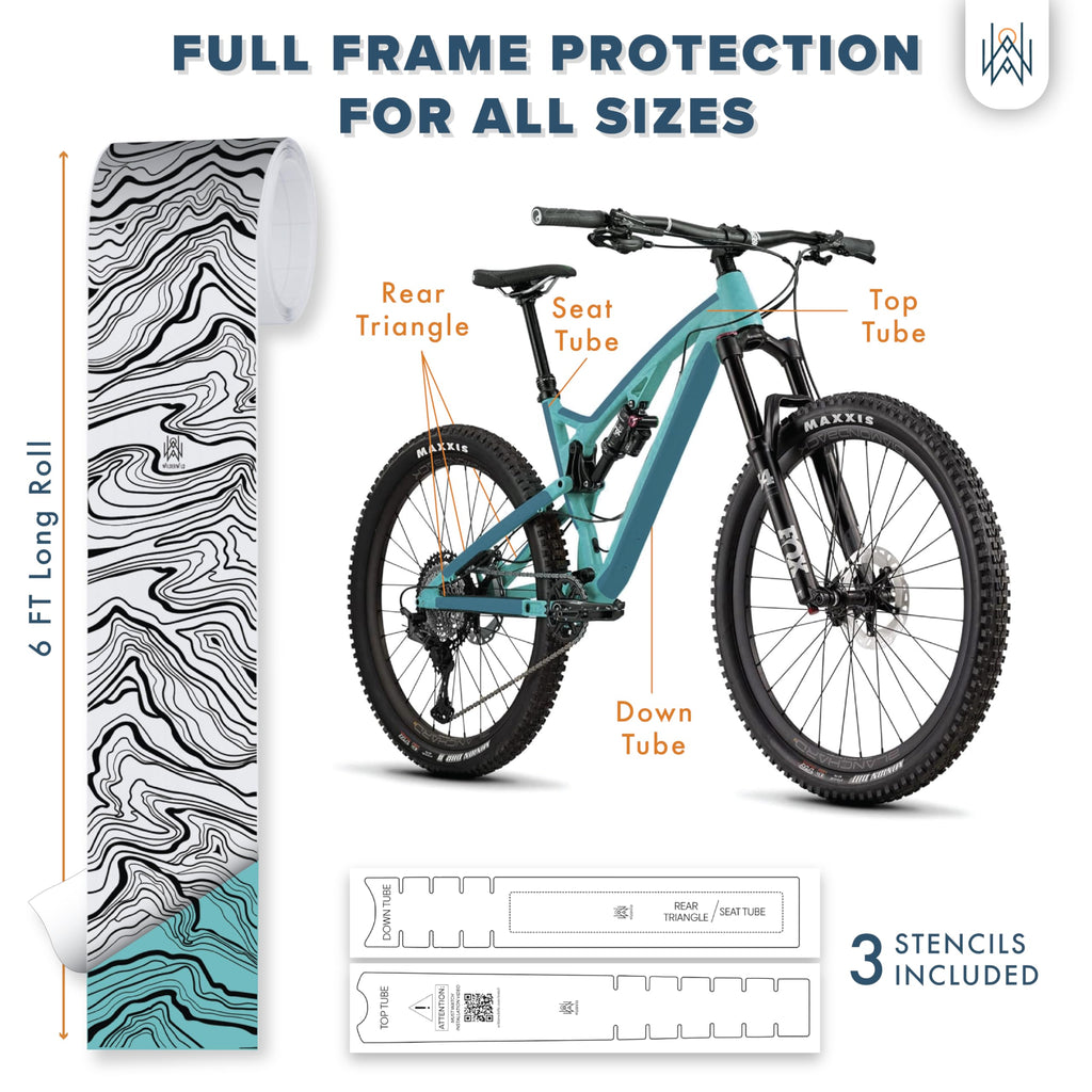 Bike Frame Protection Tape- High Impact Clear Vinyl Wrap Includes Tool (4”x72) Bicycle Frame Protector, Mountain Bike Frame Guard Chainstay Protector (Art Deco)