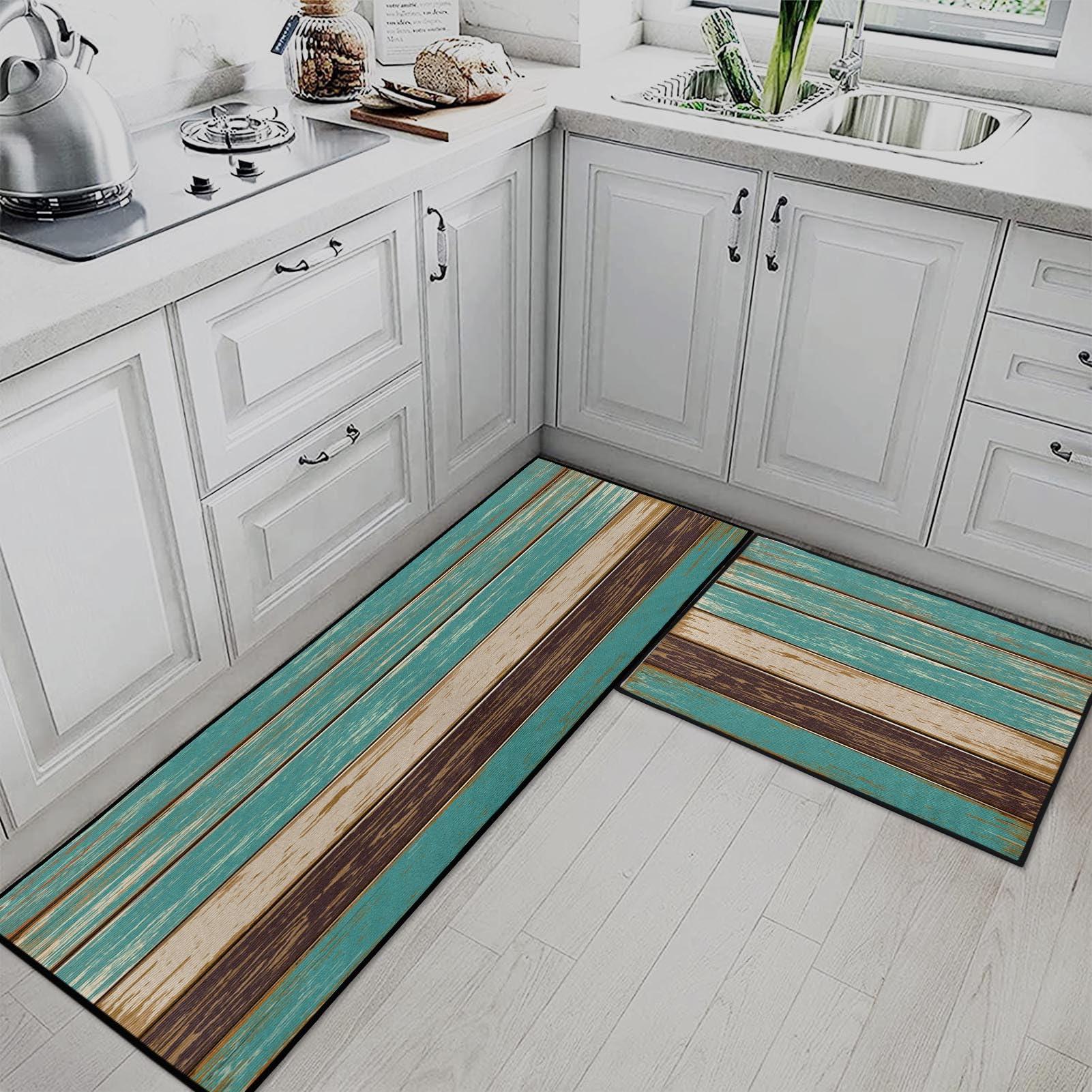 Blue Kitchen Rugs and Mats Non Skid Washable Set of 2, Grey White Modern Abstract Mats for Floor, Geometric Painting Runner Rug Graffiti Art Kitchen Decor