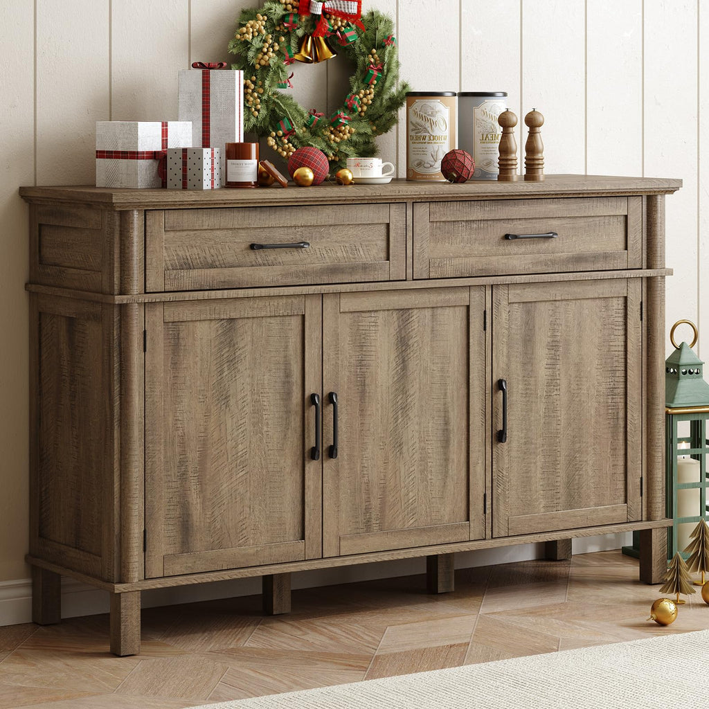ONBRILL 48 Inches Buffet Cabinet with Storage, Farmhouse Sideboard Buffet w/2 Drawers and 3 Doors, Wood Coffee Bar Cabinet with Adjustable Shelves, Sideboard Storage for Kitchen, Living Room, Black