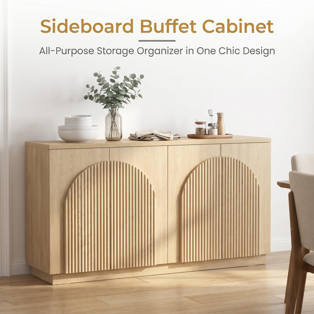 Yechen 55" Fluted Sideboard Buffet Cabinet with Storage, Wood Mid Century Modern Credenza Cabinet w/Arched Reeded Doors & Adjustable Shelves for Kitchen, Living Room, Entryway