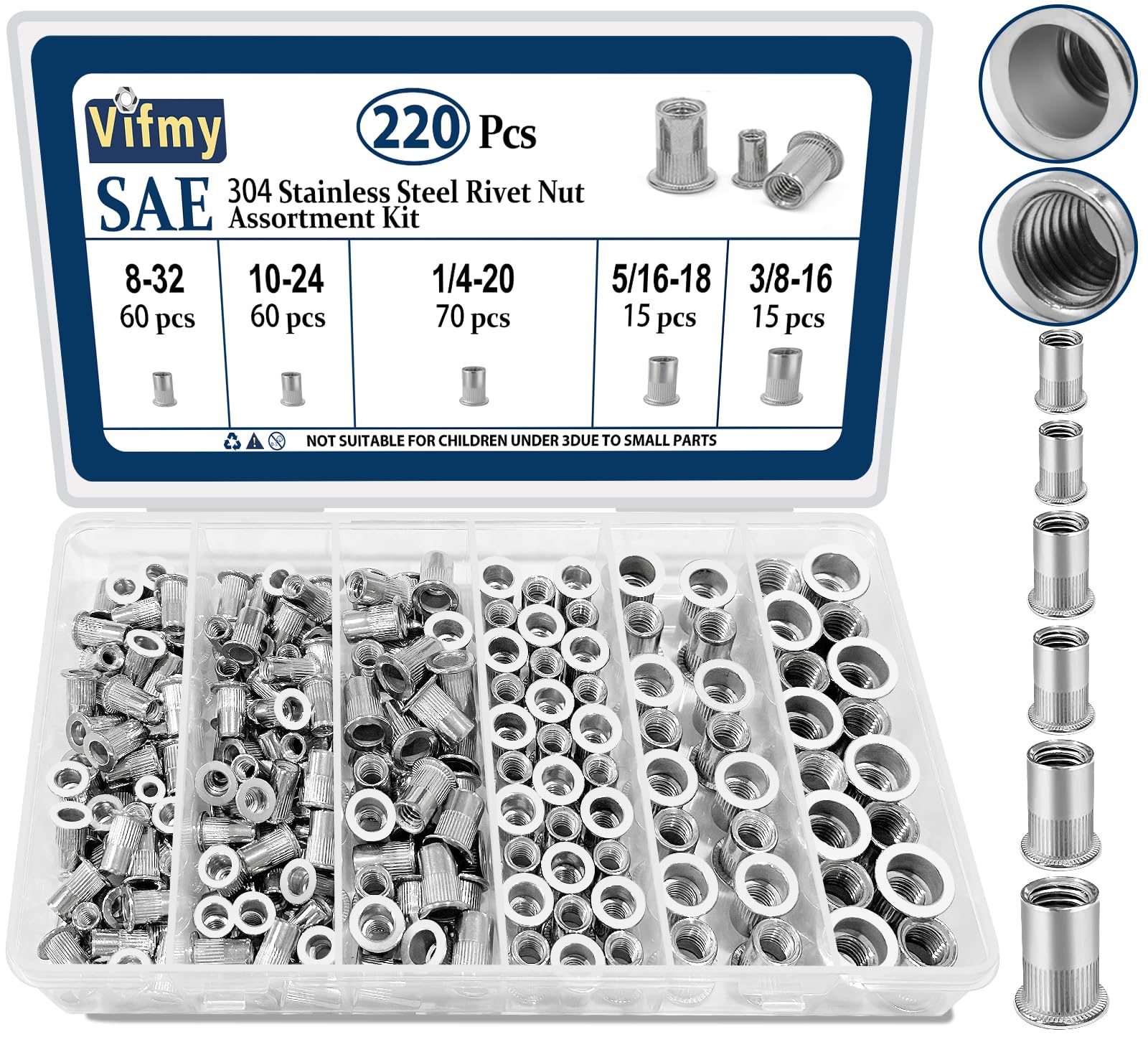 1/2''-13 UNC Rivet Nut, 10Pcs 304 Stainless Steel Flat Head Rivnut Threaded Insert Nutsert
