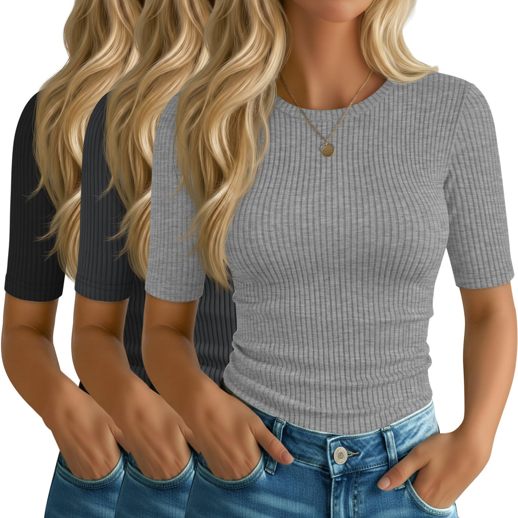 Riyiper 3 Pack Women's Elbow Length Tops, Half Sleeve Ribbed Cotton T Shirt Crew Neck Summer Tee Slim Fit Casual Blouses