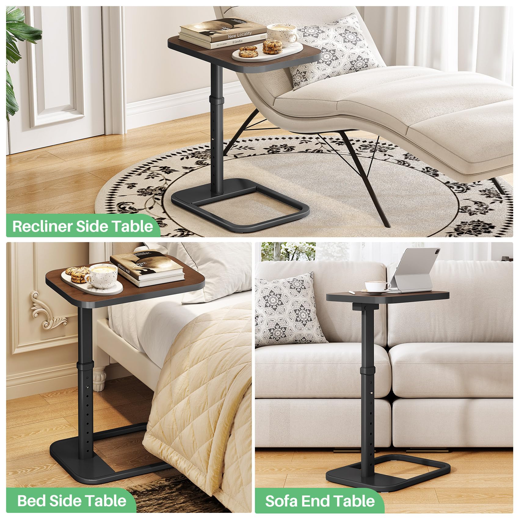 Kitstorack TV Tray Table, Adjustable Height & Rounded Metal Corners, Snack Table for Couch, Sofa, Bed, Chair, Living Room, C Shaped End Side Table for Eating, Dinner or Laptop, Small Spaces, Black