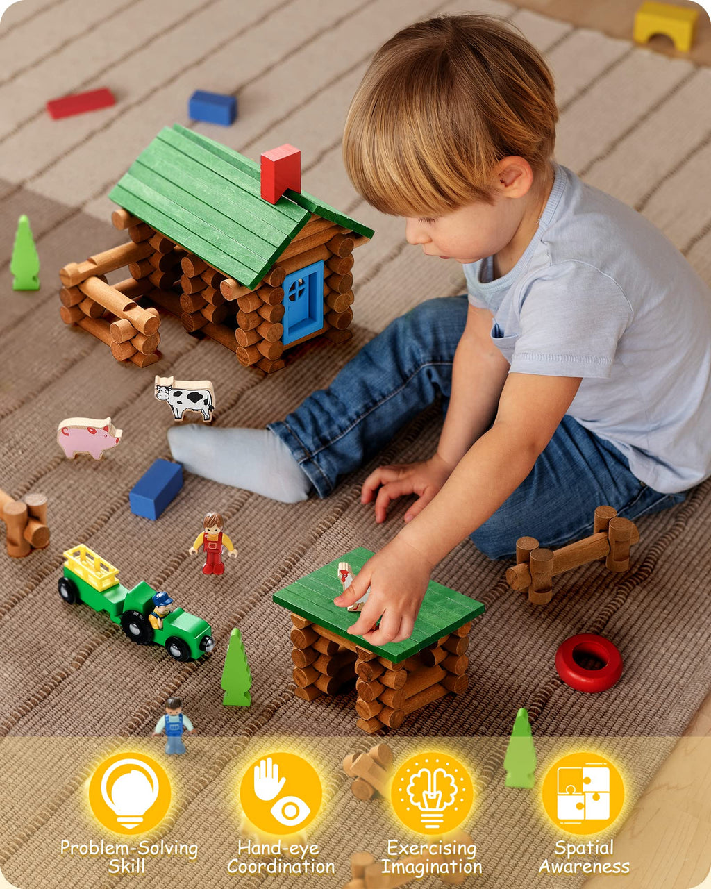 SainSmart Jr. 110 PCS Wooden Log Cabin Set Building House Toy for Toddlers, Classic STEM Construction Kit with Colorful Wood Logs Blocks for 3+ Years Old
