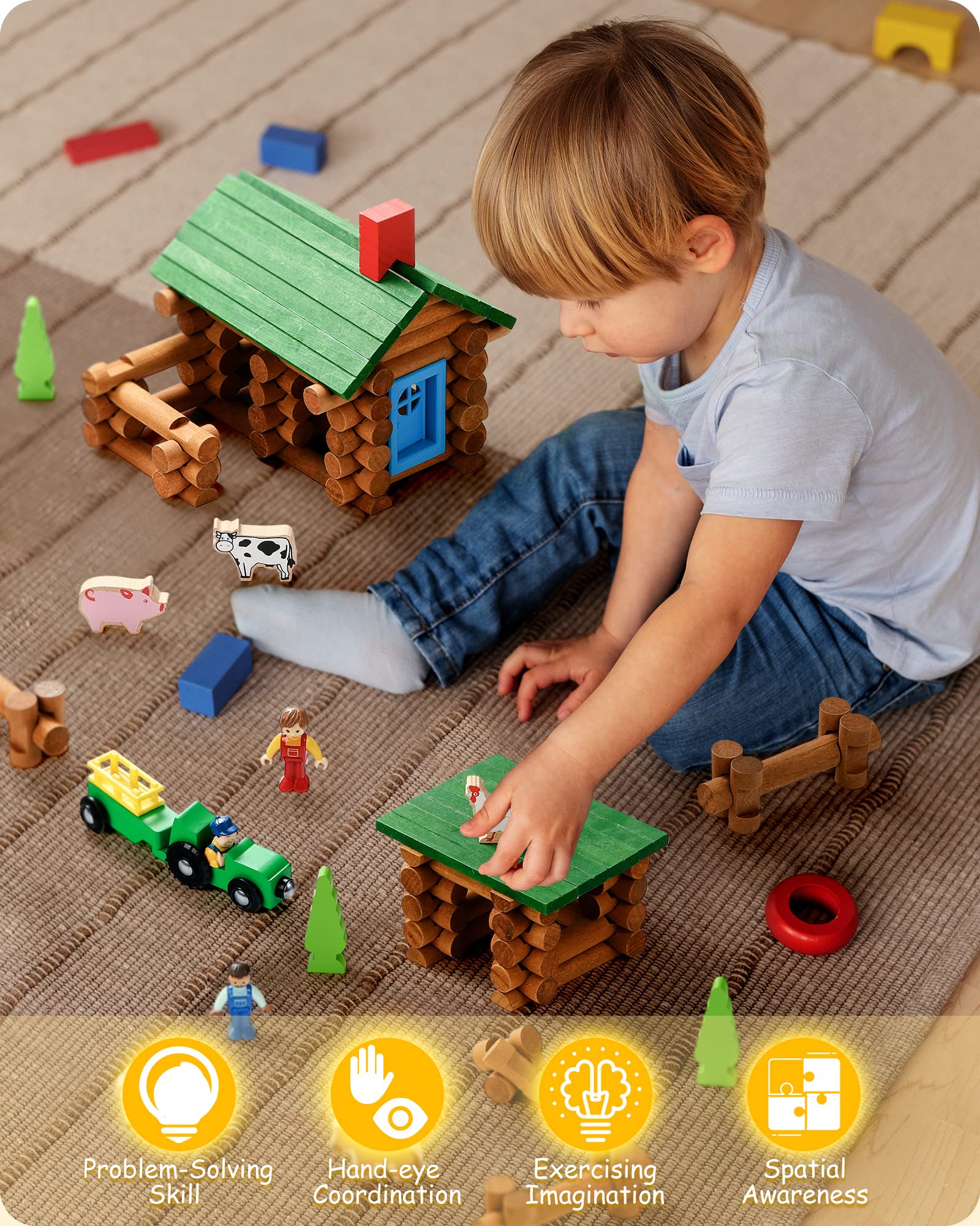 SainSmart Jr. 110 PCS Wooden Log Cabin Set Building House Toy for Toddlers, Classic STEM Construction Kit with Colorful Wood Logs Blocks for 3+ Years Old
