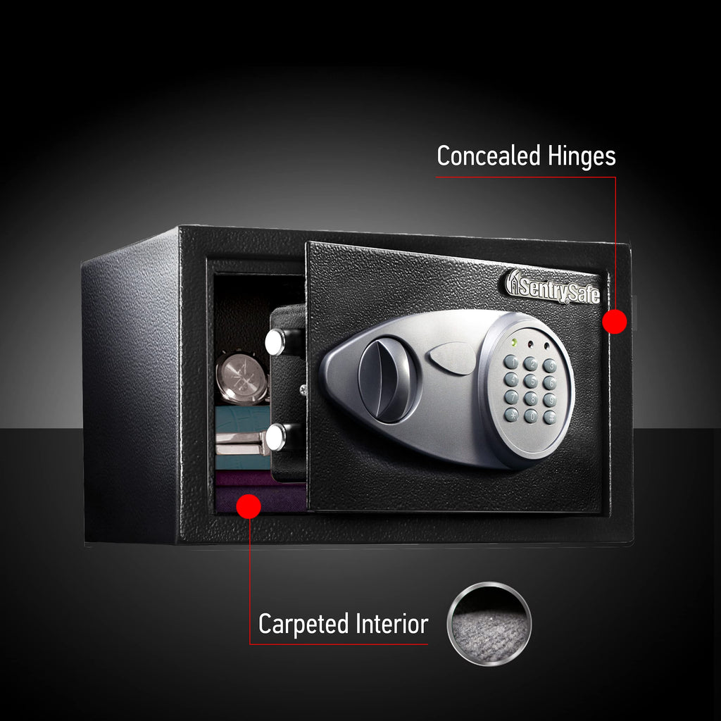 SentrySafe Medium Safe with Digital Keypad, Lock Box with Code has Interior Lining and Bolt Down Kit that Secures Pistol, Money, 0.41 Cubic Feet, 7.6 x 11.4 x 10.4 Inches, X041E