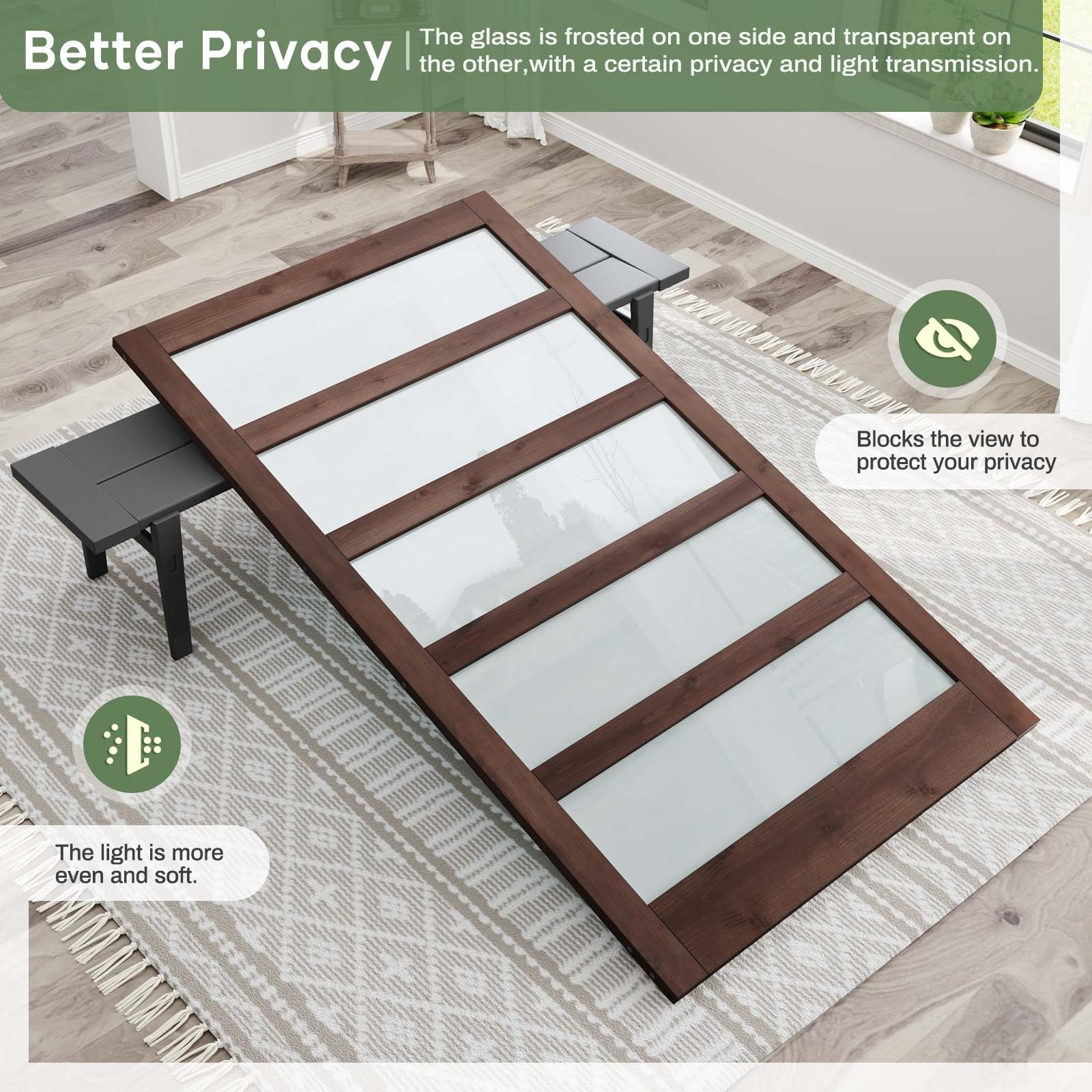 Double 18×84 inch Glass Sliding Barn Door Slab with 6.6ft Hardware Kit Included, 5-Panel Frosted Glass, Spruce Wood Support DIY Dyeing, Easy Assembly